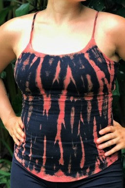 Spaghetti strap tank top perfect for yoga, festivals, and everyday life. Fire tie dye is black and organge streaks. Tank has rounded front and lace up back.