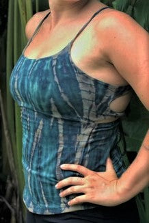 Rainforest tie dye tank top is a gorgeous comibination of green hues with beige or brown streaks. 90% cotton with 10% spandex.