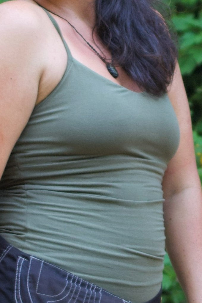 Side view of Sage Ananda Tank show full coverage an d thin straps. 90% ctoon with 10% spandex.
