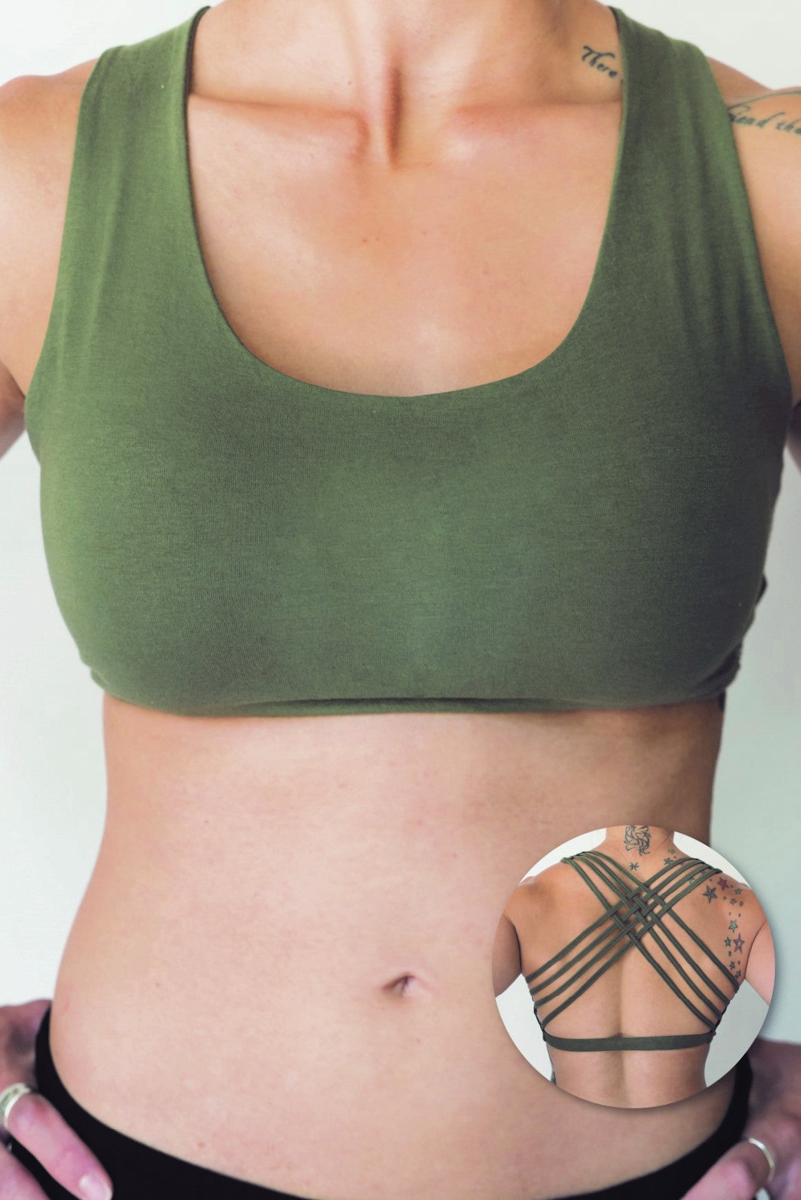 Sage sports bra with 4 criss cross straps on back with enough support for down dog and other yoga poses, or whatever sports you enjoy. 90% cotton 10% spandex