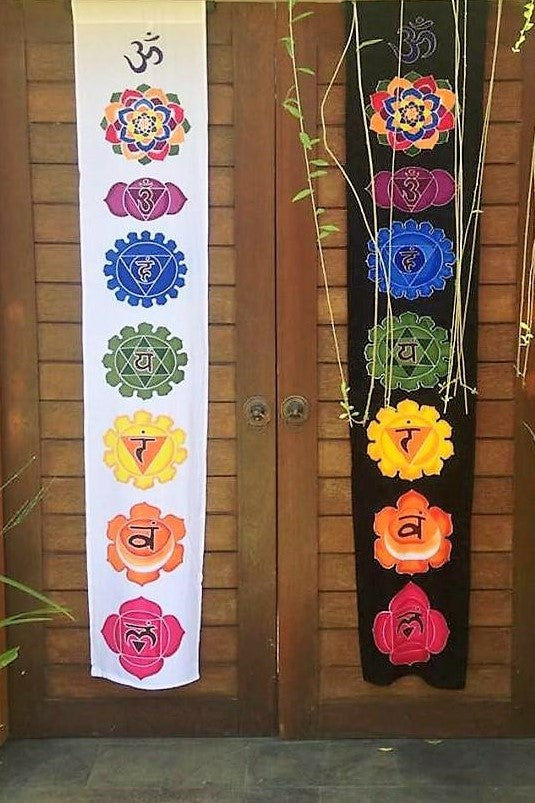 Chakra Banners in black or white with 7 rainbow chakra symbols. Hand made batik art on rayon fabric.