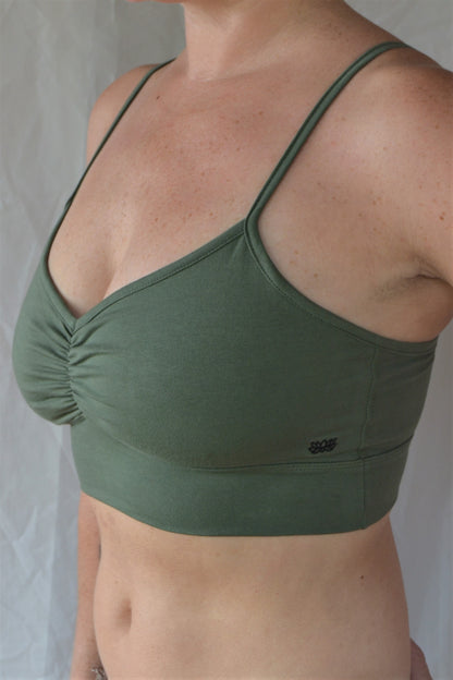 You'll be blissed out in this flattering Sage green bra with adjustable spaghetti straps and scrunched center puckering, it will soon become your new favorite!