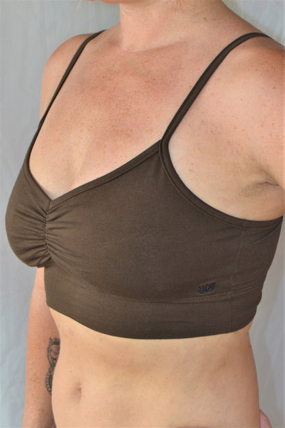 You'll be blissed out in this flattering Chocolate (brown) bra with adjustable spaghetti straps and scrunched center puckering it will soon become your new favorite!