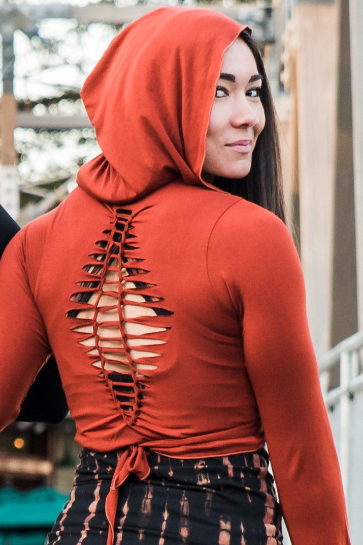 Long Sleeve Rust Ninja Jacket Wraps come with oversized hood and see thru detail on back. Soft and silky, perfect for layering over a sportbra after yoga class or as streetwear 