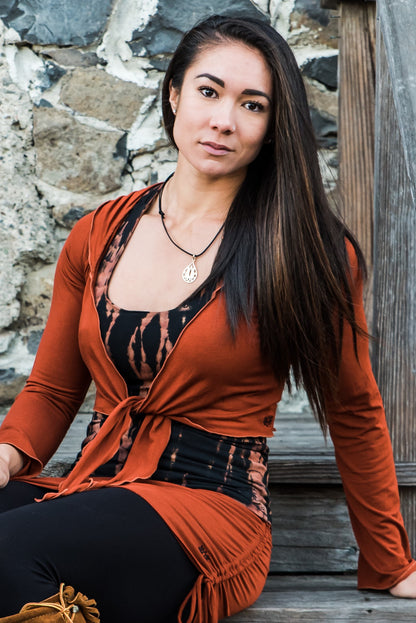Long Sleeve Rust Ninja Jacket Wraps come with oversized hood and see thru detail on back. Soft and silky, perfect for layering over a sportbra after yoga class or as streetwear 