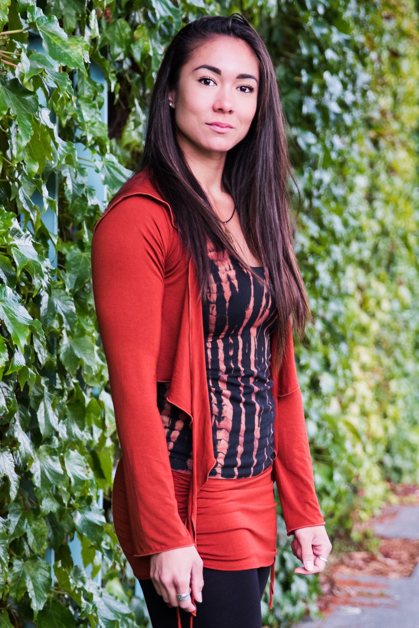 Long Sleeve Rust Ninja Jacket Wraps come with oversized hood and see thru detail on back. Soft and silky, perfect for layering over a sportbra after yoga class or as streetwear 