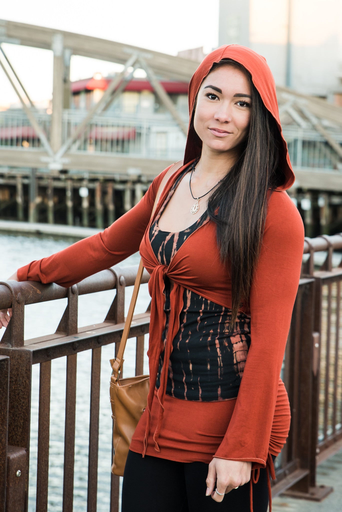 Long Sleeve Rust Ninja Jacket Wraps come with oversized hood and see thru detail on back. Soft and silky, perfect for layering over a sportbra after yoga class or as streetwear 