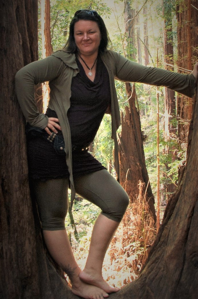 Long Sleeve Sage Ninja Wraps come with oversized hood and see thru detail on back. Soft and silky, perfect for layering over a sportbra after yoga class or as streetwear 