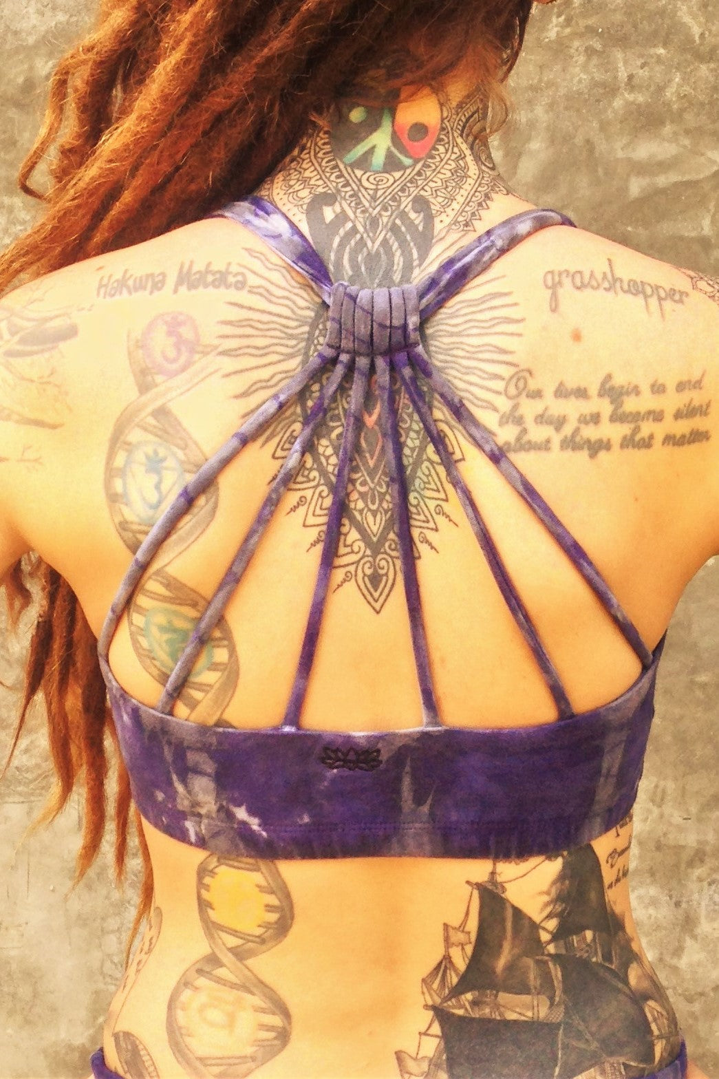 Gorgeous back strap design of Shakti Sportsbra by Lotus Tribe Clothing shown. Has small embroidered Lotus Flower on back. Made from high quality Organic Cotton with 10% spandex. 