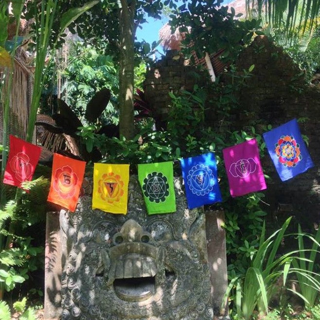 Shows 7 Chakra Flags from left to right in Red, Orange, Yellow, Green, Blue, Purple, and Violet with each chakra art. Horizontal about 7' long.