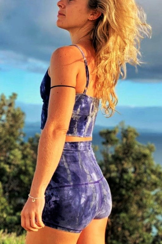 Wildflower tie dye Blissed Out Crop Top and matching Yoga Shorts. Cool purple tones streaked with grey highlights. 